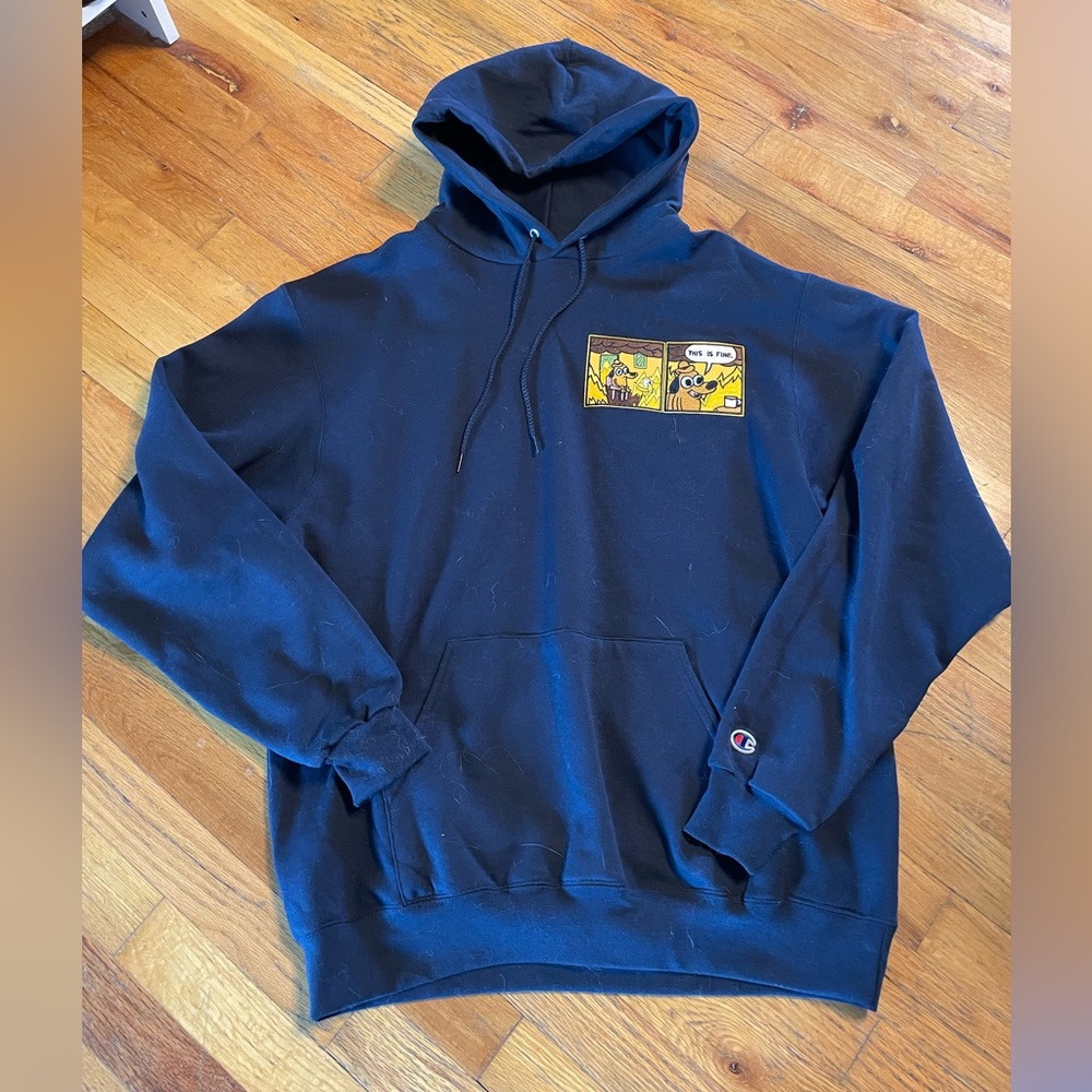 Navy Blue Champion Hoodie “This is Fine” meme